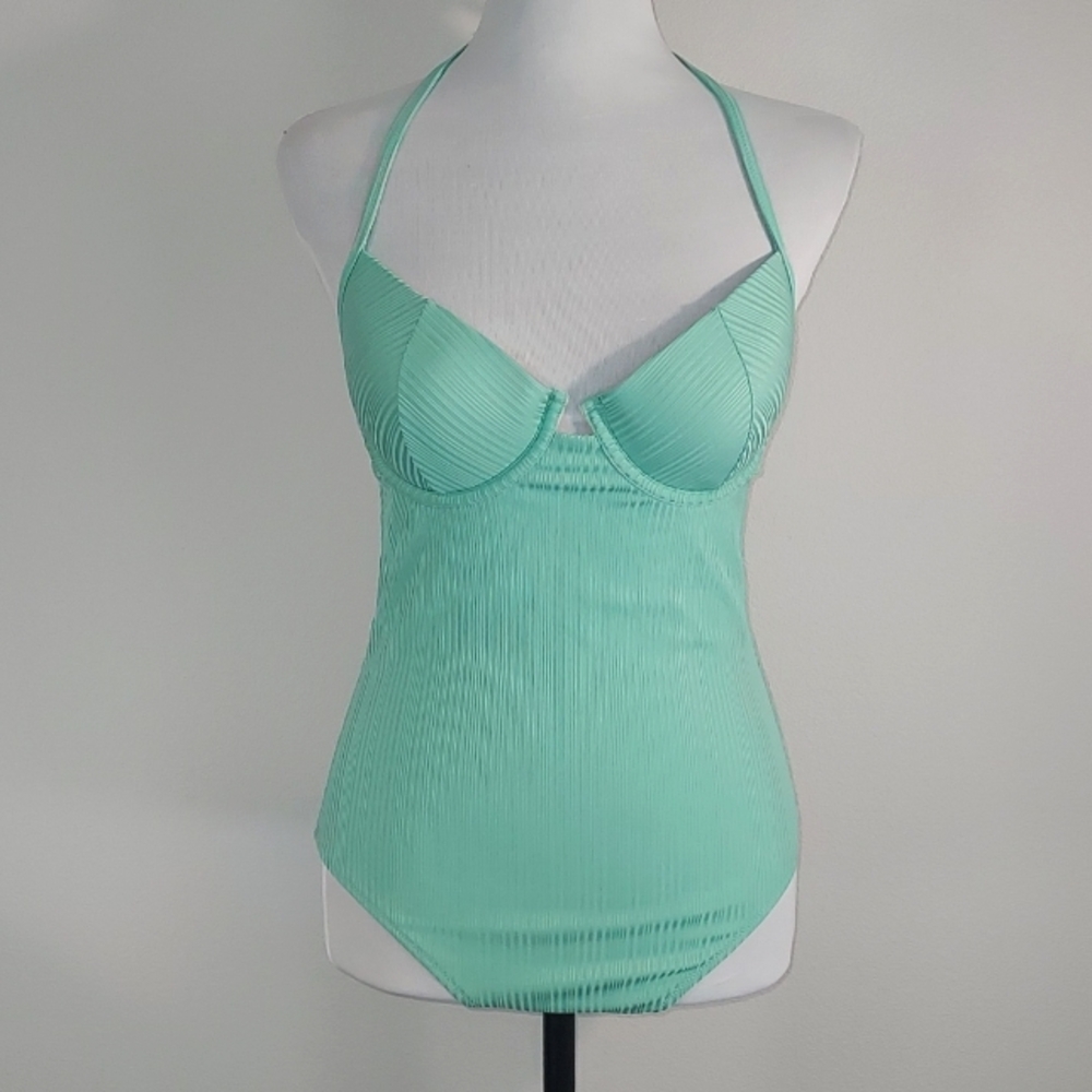 Shade & Shore Mint Green Cabana Ribbed Texture One Piece Swimsuit 34C NWOT